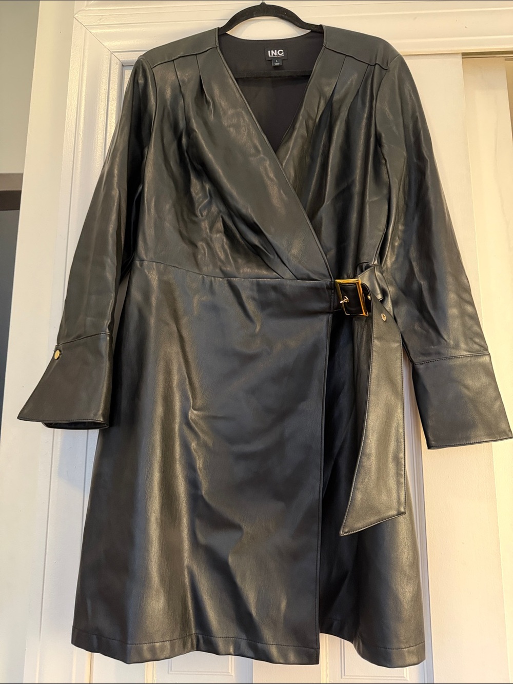 INC International Concepts Black Faux Leather Wrap Trench with Gold Buckle